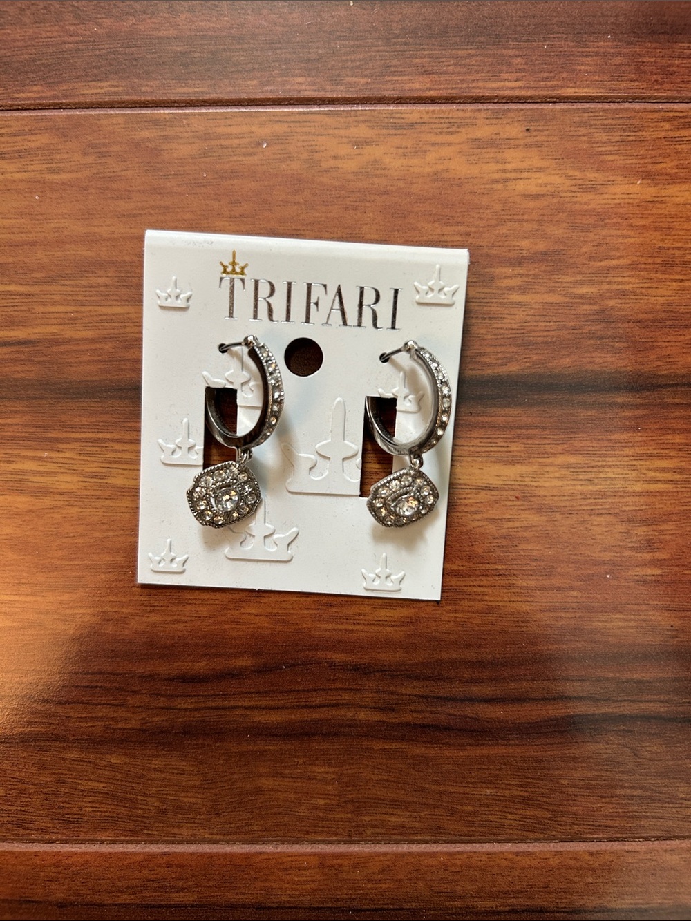 Trifari Silver Crystal Hoop Drop Earrings with Pave Cushion Dangles